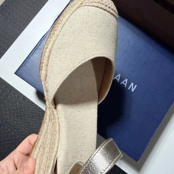 Cole Haan Cream Canvas Espadrille Wedges with Gold Metallic Straps - Picture 5 of 6